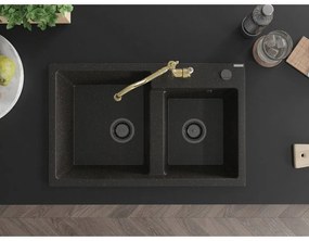 Mexen Tomas, granitový drez 800x500x190 mm, 2-komorový a drezová batéria Carla, čierna-zlatá metalíza, 6516-75-670700-50-B