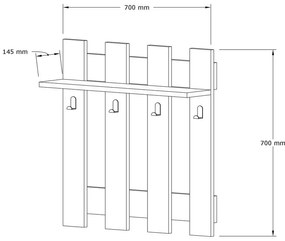 Tmavohnedá nástenná polica so 4 vešiakmi Carina