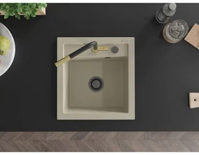 Mexen Vito, 1-komorový granitový drez 490x520x210 mm a drezová batéria Flora, béžová, 6503-69-670401-57-B