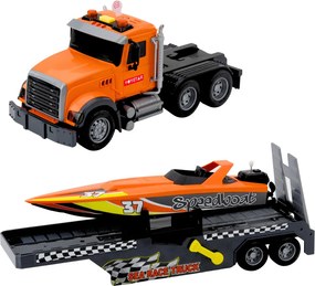 LEAN Toys Nákladné auto s naťahovacím člnom, svetlá a zvuky, oranžová súprava