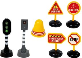 LEAN Toys Súprava sklápacieho nákladiaka 1:14 – dopravné značky, svetlá, radar, žltá