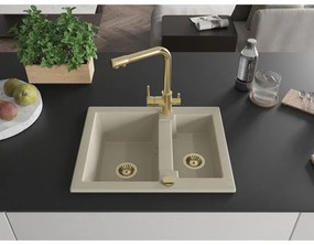 Mexen Carlos, 1,5-komorový granitový drez 582x475x177 mm a drezová batéria Duero, béžová, 6518-69-671600-50