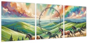 Obraz – Kone cválajúce krajinou (s hodinami) (90x30 cm)
