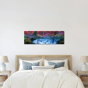 Obraz vodopádu v červenom lese (s hodinami) (90x30 cm)