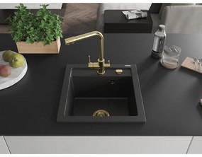 Mexen Vito, 1-komorový granitový drez 520x490x210 mm, zlatá batéria Duero, čierna - strieborná metalíza, 6503-73-671600-50
