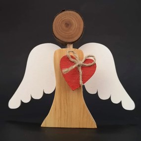 AMADEA Drevený anjel s bielymi krídlami a červeným srdcom, masívne drevo, 12,5x14x2 cm