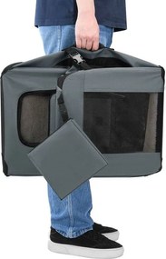 Skladací prepravný box pre psov, sivý, s posteľou, veľkosť M