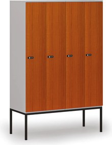 Drevená šatníková skrinka S4 s podnožou, 4 oddiely, 1871 x 1200 x 500 mm, demont, mechanický kódový zámok, sivá/čerešňa