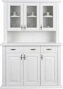 Biely drevený príborník z masívu - komoda s vitrínou, 140x60x210 cm