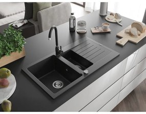 Mexen Matias, 1,5-komorový granitový drez s odkvapkávačom 90x50 cm a kuchynskou batériou Telma, čierna so sriebornými bodkami, 6502-73-670200-70