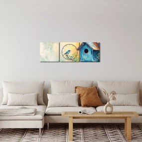 Obraz - Vtáčia búdka, akvarel (s hodinami) (90x30 cm)
