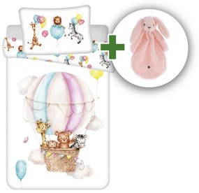 Súprava obliečok do postieľky Zvieratká "Flying balloon" + zaspávačik zajačik ružový