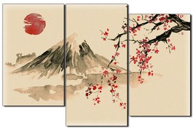 Obraz na plátne - Tradičné sumi-e obraz: sakura, slnko a hory 1271FD (135x90 cm)