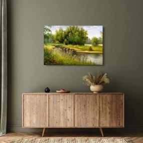 Obraz - Rieka pri lese, olejomaľba (90x60 cm)