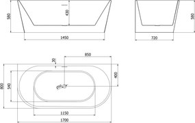 Mexen Oval, voľne stojaca nástenná vaňa 170 x 80 cm, biela-čierna, chrómový prepad, 52671708075-01