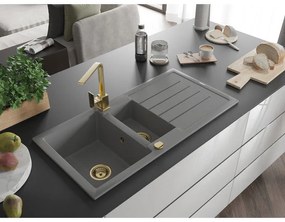 Mexen Andres, granitový drez 1000x500x200 mm, 1,5-komorový, šedá so zlatým sifónom a zlatá drezová batéria Rita, 6515-71-670300-50