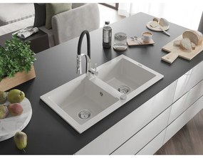 Mexen Mario, granitový drez 820x436x161 mm, 2-komorový a drezová batéria Aster, biela, 6504-20-73450-07