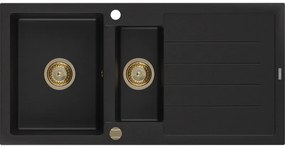 Mexen Andres, granitový drez 1000x500x200 mm, 1,5-komorový, čierna so zlatým sifónom, 6515101510-77-G