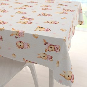 Biante Detský bavlnený štvorcový obrus Sandra SA-538 Ružové zajačiky a vtáčiky na bielom 150x150 cm