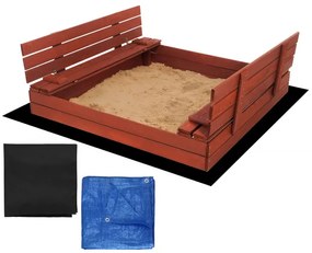 SPRINGOS Uzavreté pieskovisko s lavičkami 140x140 cm impregnované drevo,s netkanou textíliou a plachtou, gaštanovo hnedá SBP140SET05