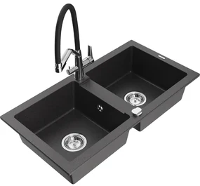 Mexen Mario, granitový drez 820x436x161 mm, 2-komorový a drezová batéria Duo, čierna škvrnitá, 6504-76-671701-07