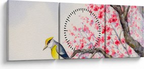 Obraz - Vtáčik na strome s červenými kvetmi (s hodinami) (90x30 cm)