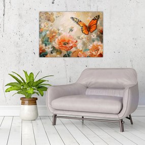Sklenený obraz - Motýľ a kvety, olejomaľba (70x50 cm)