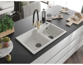 Mexen Tomas, 2-komorový granitový drez 800x500x190 mm  a kuchynská batéria Duo, biela, 6516-20-671701-57-B