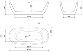 Mexen Luvo Slim, voľne stojaca vaňa 170 × 75 cm, biela lesklá, grafitový prepad, 52801707500-95