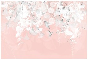 Tapeta listy s kolibríkmi v ružovo-šedom