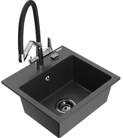 Mexen Milo, granitový drez 435x410x171 mm, 1-komorový a drezová batéria Duo, čierna škvrnitá, 6505-76-671701-07-B