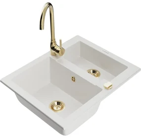 Mexen Carlos, granitový drez 582x475x177 mm, 1,5-komorový a zlatá drezová batéria Telma, biela, 6518-20-670200-50
