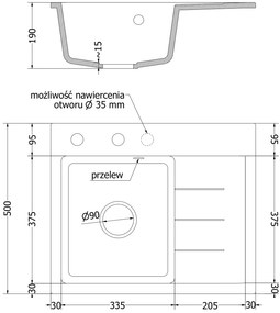 Mexen Ben, 1-komorový granitový drez 600x500x190 mm, ľavý+ chrómový sifón, šedá, 6522605000-71