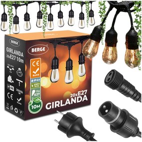 BERGE Záhradná girlanda 10m + 20x 1W LED žiarovka