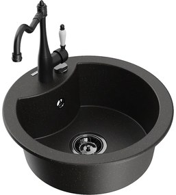 Mexen Diego, granitový drez 488x488x167 mm, 1-komorový a drezová batéria Carla, čierna-zlatá metalíza, 6512-75-670700-70-B
