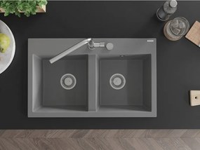Mexen Hektor žulový drez 2-komorový 800 x 480 mm, sivý, sifón chróm - 6521802000-71