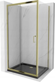 Mexen Apia sprchovací kút s posuvnými dverami 110 (dvere) x 90 (stena) cm, 5mm číre sklo, zlatý profil + čierna sprchová vanička SLIM, 840-110-090-50-00-4070G