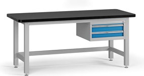 Pracovný stôl do dielne G4 so závesným boxom na náradie, MDF + PVC doska, 2 zásuvky, 1800 x 750 x 800 mm, modrá