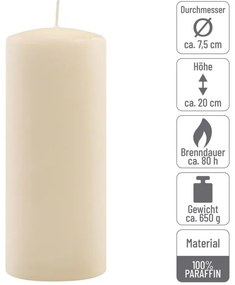 Sada stĺpových sviečok, 20 cm, Ø 7,5 cm, krémová, 4 ks