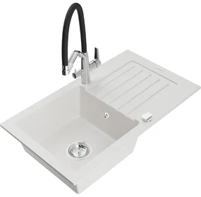 Mexen Pablo, granitový drez 752x436x161 mm, 1-komorový a drezová batéria Duo, biela, 6510-20-671701-07