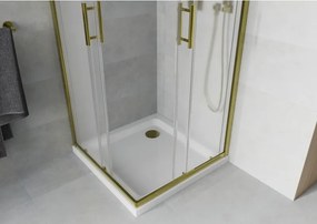 Mexen Rio, štvorcový sprchovací kút s posuvnými dverami 70(dvere) x 70(dvere) x 190 cm, 6mm sklo námraza, zlatý profil + biela sprchová vanička SLIM, 860-070-070-50-30-4010G