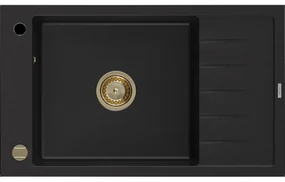 Mexen Elias granitový jednokomorový drez s odkvapkávačom 795 x 480 mm, Čierna, Sifón Zlatá - 6511791005-77-G