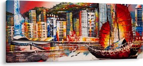 Obrázok - Victoria Harbor, Hong Kong, olejomaľba (120x50 cm)