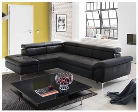 Rozkladacia kožená rohová sedacia súprava SALERNO II ľavá čierna