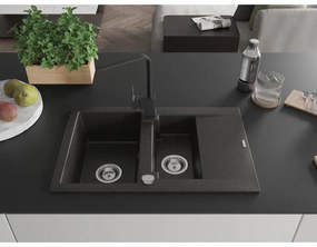 Mexen Gaspar, granitový drez 737x475x177 mm, 1,5-komorový a čierna batéria Rita, čierna-zlatá metalíza, 6507-75-670300-70