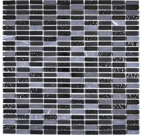 Sklenená mozaika s prírodným kameňom šedá čierna 1x3cm / 31x32,5 cm