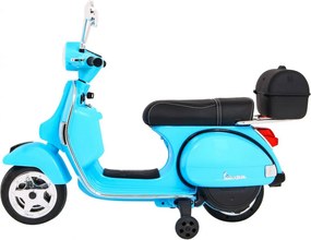 Ramiz Elektrický skúter Vespa pre deti modrý + pomocné kolieska + audio + ekokoža + EVA + plynulý štart
