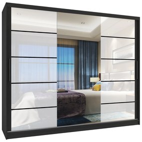 Šatníková skriňa 232 cm Belini čierny mat / biely lesk s posuvnými dverami zrkadlom a zásuvkami MGB SZP8/0/B/2W1L/KLP
