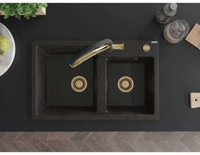 Mexen Tomas, 2-komorový granitový drez 800x500x190 mm  a kuchynská batéria Duo, čierna-zlatá metalíza, 6516-75-671701-57-G