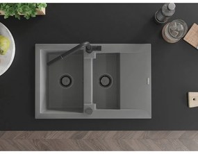 Mexen Gaspar, 1,5-komorový granitový drez 737x475x177 mm a drezová batéria Flora, šedá, 6507-71-670401-70-B